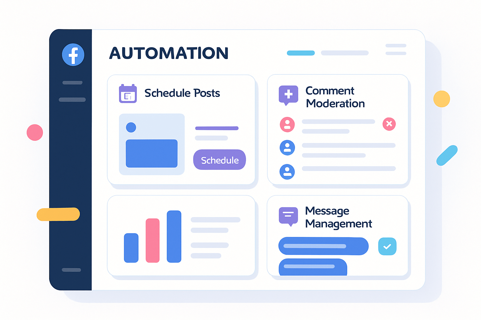 Interface moderne illustrant l'automatisation Facebook avec planning de posts, messages et modération