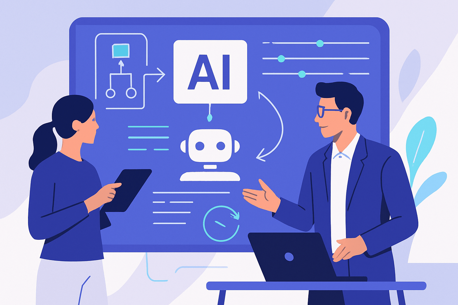 Professionnels collaborant devant une solution d’agence IA moderne et épurée