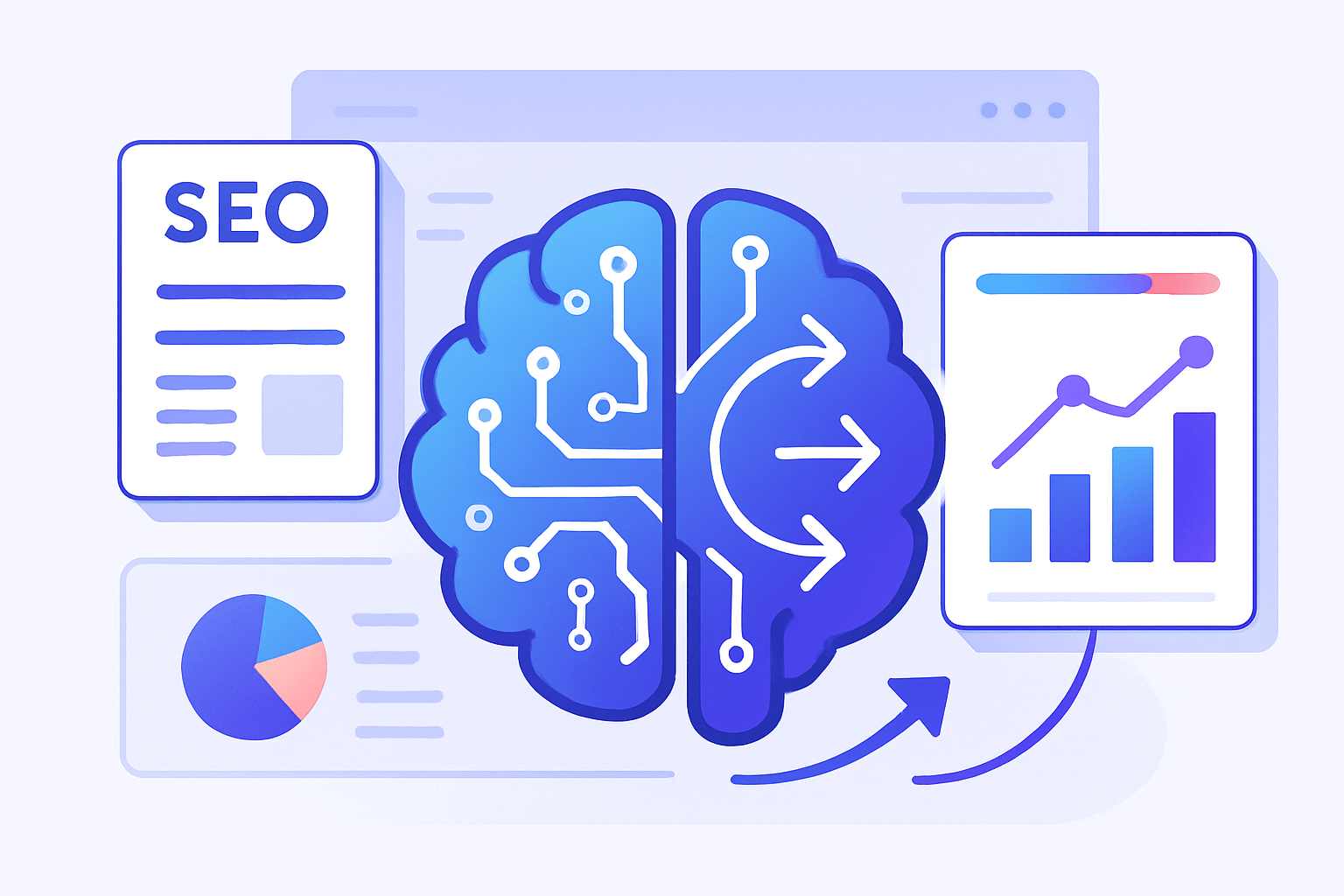Illustration d'un tableau de bord d'automatisation SEO IA générative avec cerveau numérique et graphiques
