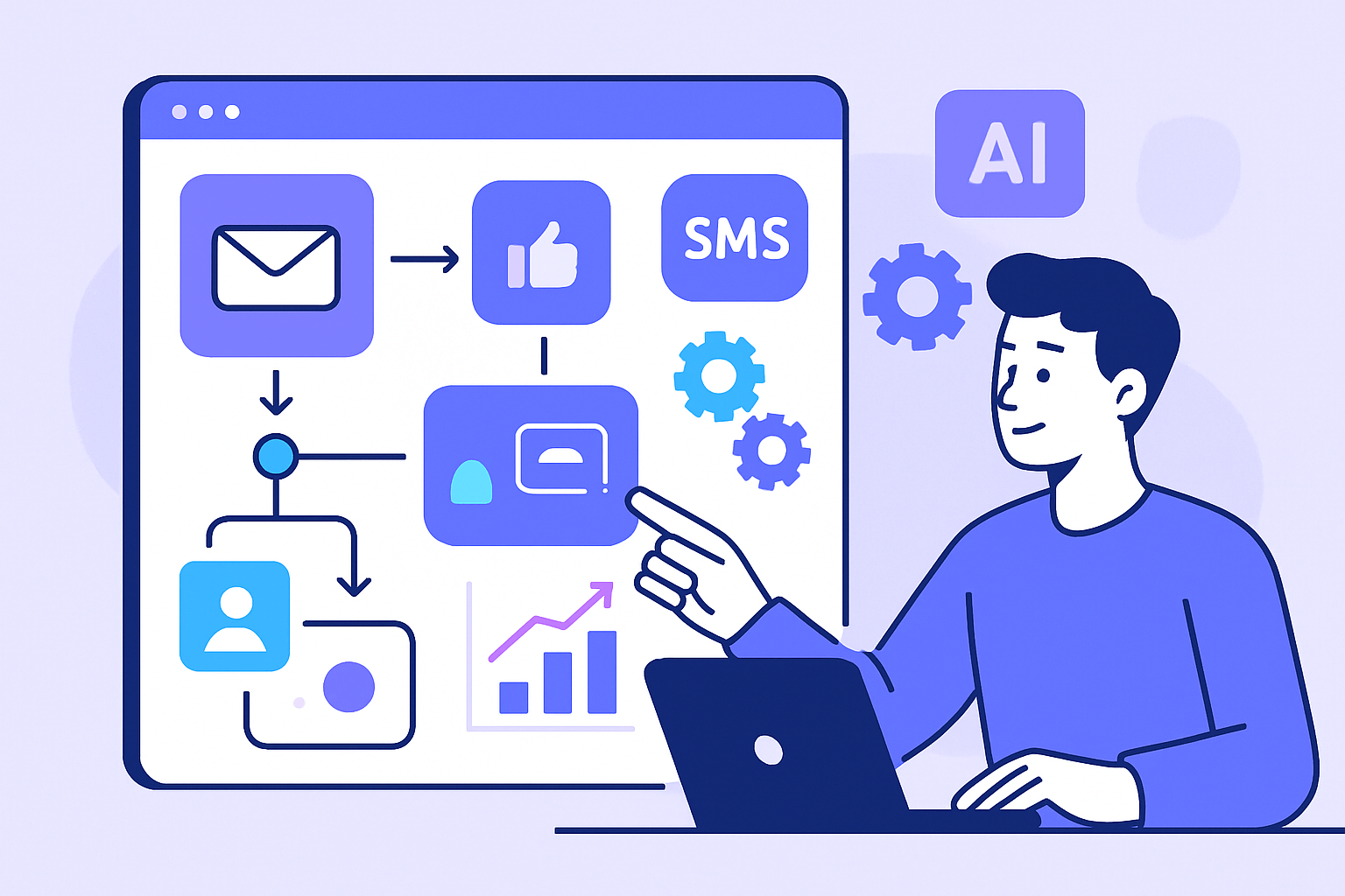 Illustration d'automatisation marketing montrant un freelance utilisant un tableau de bord numérique