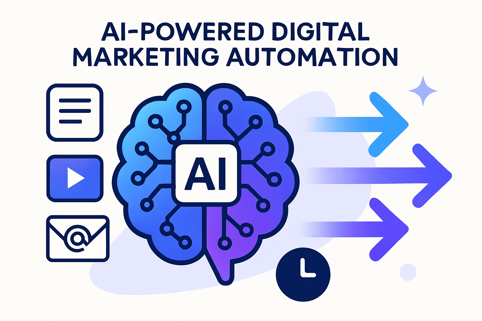 Schéma moderne d'automatisation IA marketing digital avec icônes de contenu multicanal