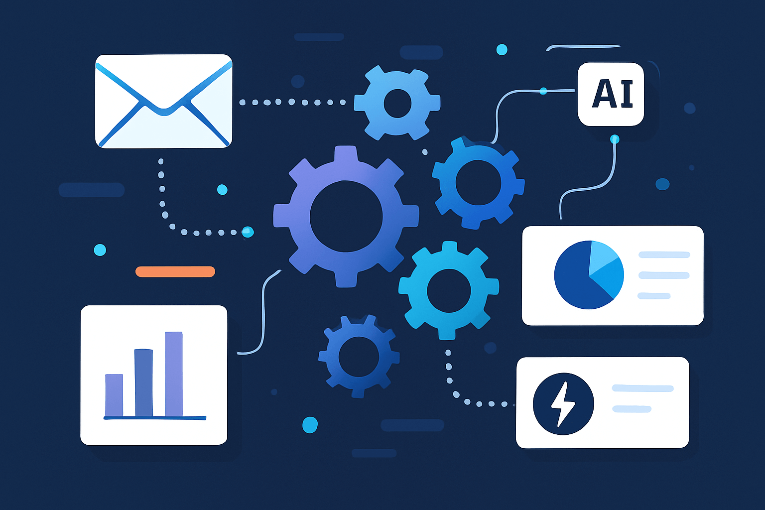 Illustration d’un workflow d’automatisation email avec icônes d’emails et engrenages