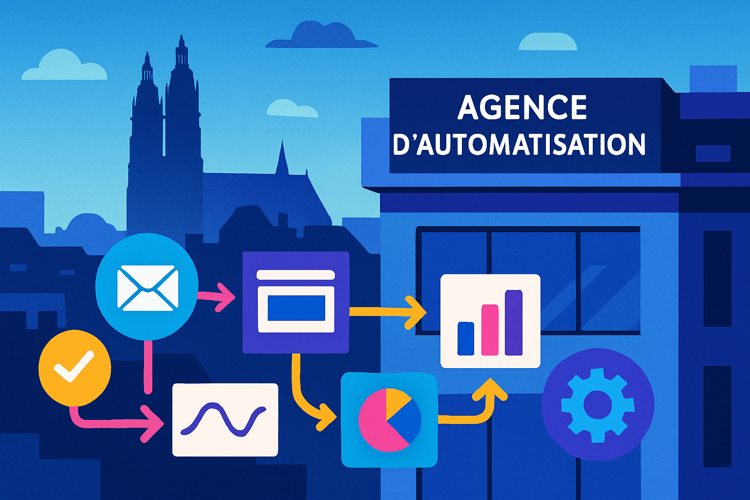 Illustration d’agence automatisation à Tours avec workflow no-code et carte stylisée de Tours