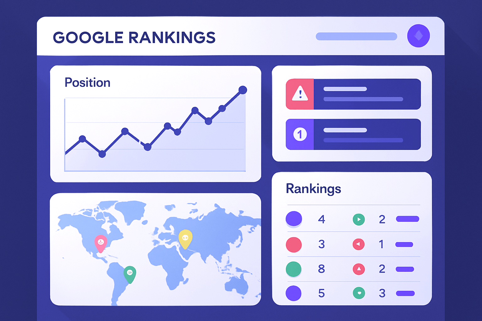 Interface visuelle de suivi automatisé des positions Google avec graphiques et alertes