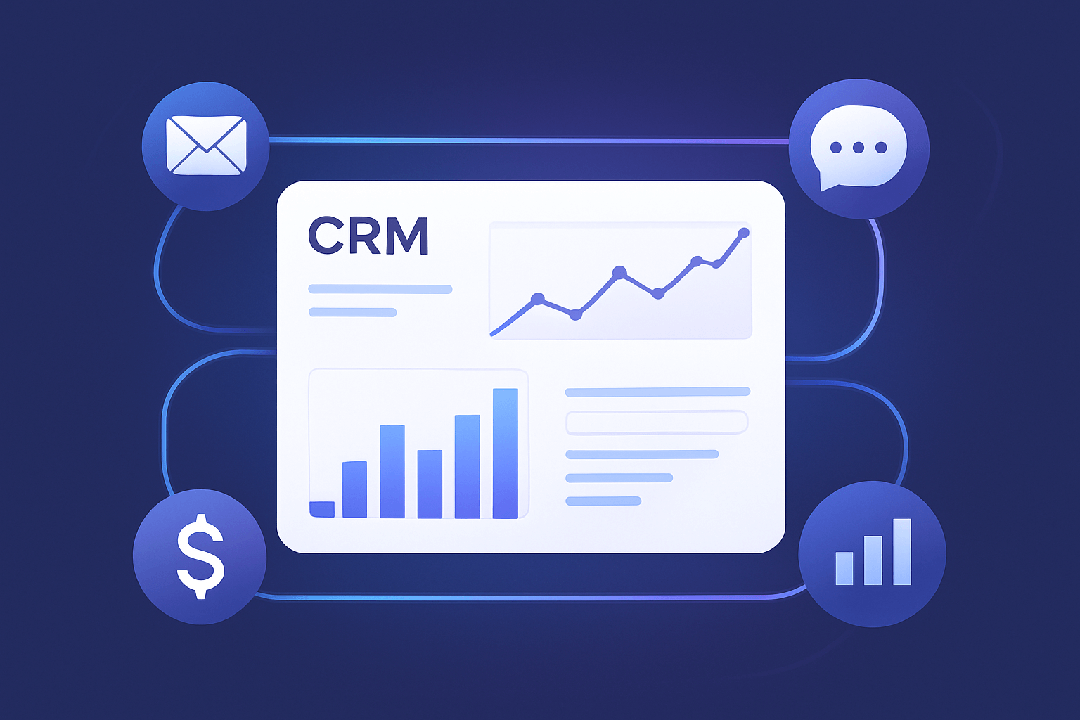 Illustration moderne d’un tableau de bord montrant l’automatisation CRM avec icônes de communication, ventes et analyse