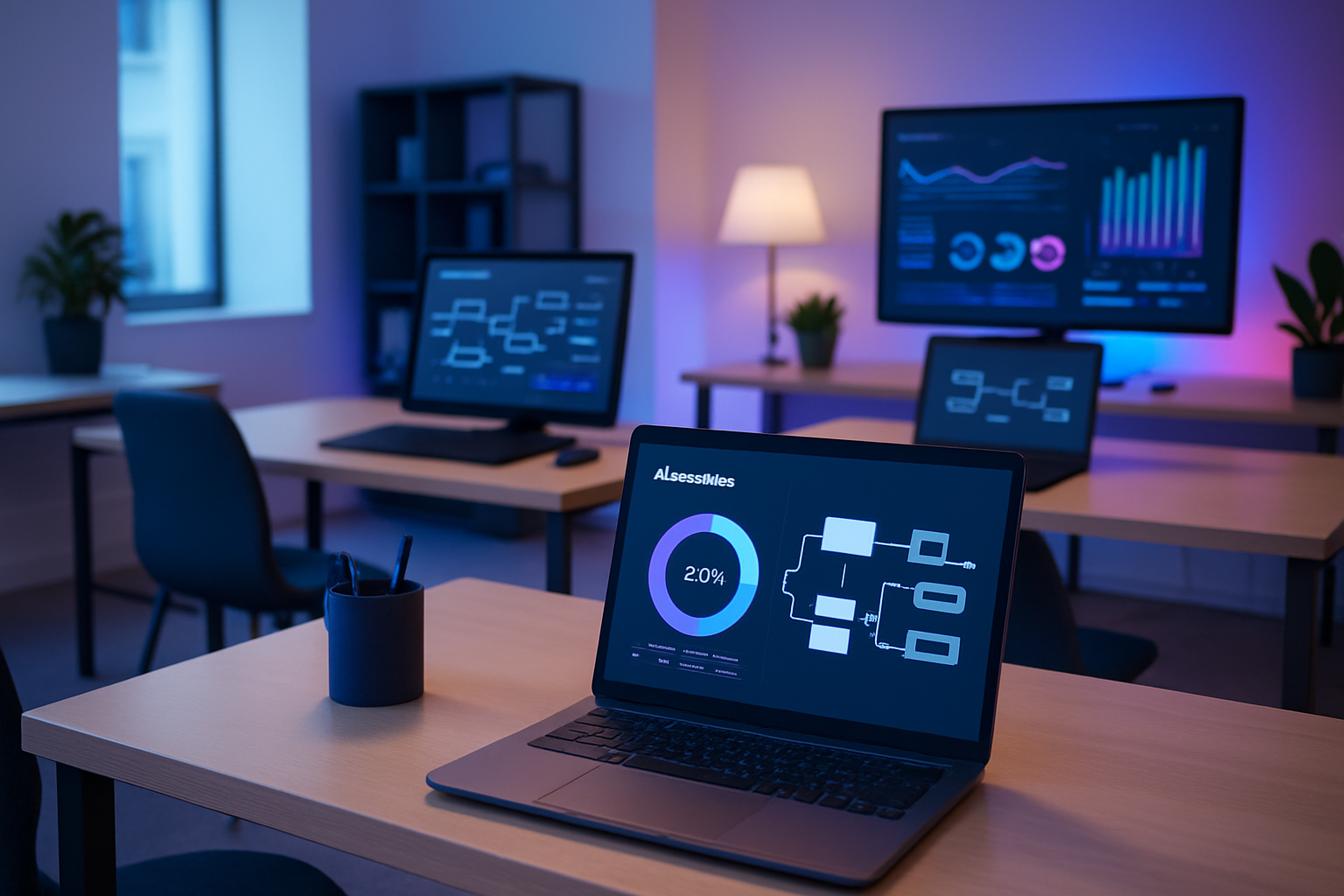 Espace de travail en France optimisé par une agence d’automatisation, ambiance professionnelle et moderne, tableau de bord d’automatisation en arrière-plan