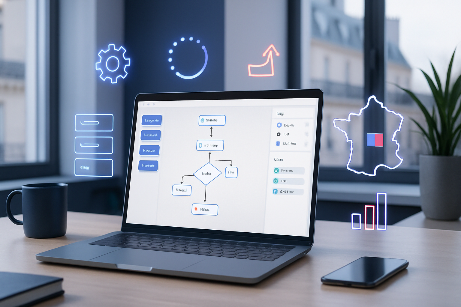 Agence no-code France workspace avec interface de solutions digitales