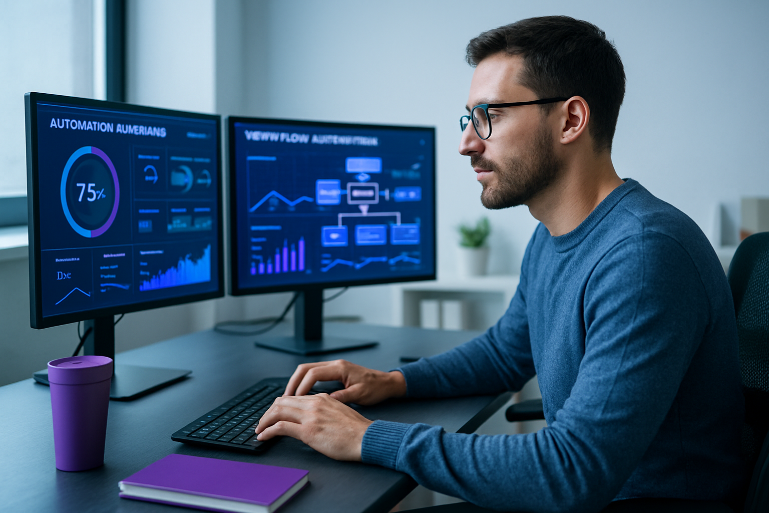 consultant automatisation en action sur dashboards IA en bureau moderne