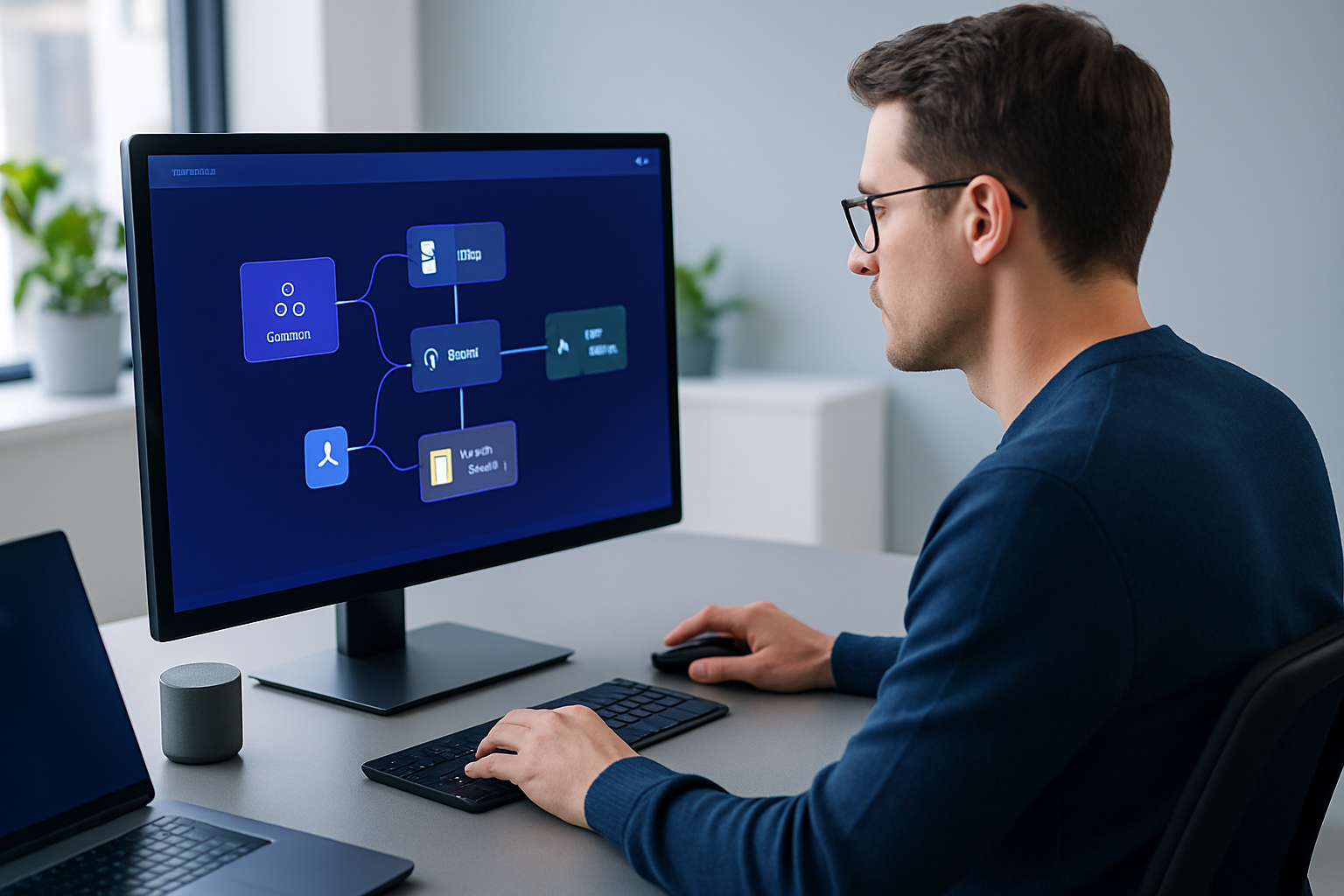 Salle de travail tech où un professionnel suit une formation no-code sur l’automatisation, écran montrant un workflow sans code
